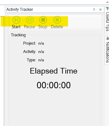 Activity Tracker window with Start, Pause, Stop, and Delete buttons at the top. The tracking section shows 'Project: na, Activity: na, Type: na' and an elapsed time of '00:00:00'.
