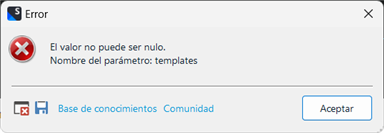 Error dialog box in Trados Studio with a red cross icon, stating 'El valor no puede ser nulo. Nombre del parametro: templates' in Spanish, which translates to 'The value cannot be null. Parameter name: templates'.