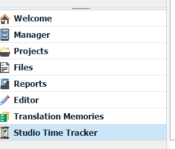 Screenshot of RWS AppStore Applications interface showing menu items including Welcome, Manager, Projects, Files, Reports, Editor, Translation Memories, and Studio Time Tracker.