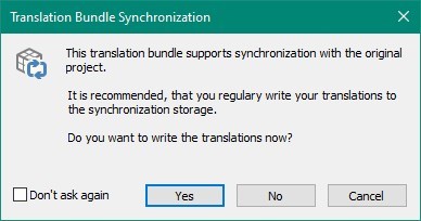 Translation Bundle Synchronization dialog box with a message stating the bundle supports synchronization and recommending regular writing of translations to the storage. Options presented are 'Don't ask again', 'Yes', 'No', and 'Cancel'.