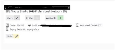 SDL Trados Studio 2019 Professional license summary showing 2 users, 1 in use, 1 available, order number, sold to information, activated date, and no expiry date.
