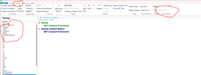 Screenshot of Trados Studio 2019 showing tiny font in the Terms window, with red circles highlighting the small text and the 'Change Scaling Behavior' option.