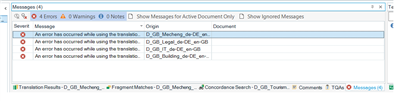 Screenshot of Trados Studio showing a Messages window with three error notifications stating 'An error has occurred while using the translation memory.'