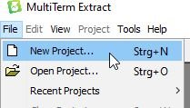 Screenshot showing the MultiTerm Extract menu with the option to create a 'New Project' highlighted.