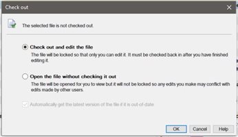 Check out dialog box in Trados Studio with options to check out and edit the file, open the file without checking it out, or automatically get the latest version if the file is out of date.