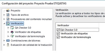 Screenshot of Trados Studio Project Settings showing the Verification tab with QA Checker 3.0, tag verifier, and terminology verifier selected.
