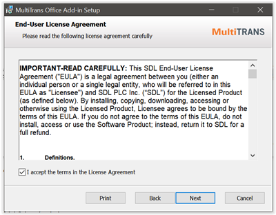 End-User License Agreement screen for MultiTrans Office Add-in with an option to accept the terms and proceed by clicking Next.