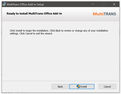 Screen indicating readiness to install MultiTrans Office Add-in with an Install button to begin the process.