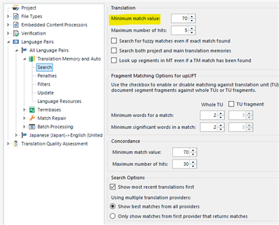 Screenshot of Trados Studio settings showing 'Minimum match value' set to 70 under Translation section.