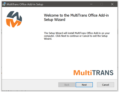 Initial setup screen for MultiTrans Office Add-in with a Next button to proceed with installation.