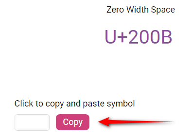 Webpage with a button to copy a zero-width space character, indicated by a red arrow pointing to the 'Copy' button.