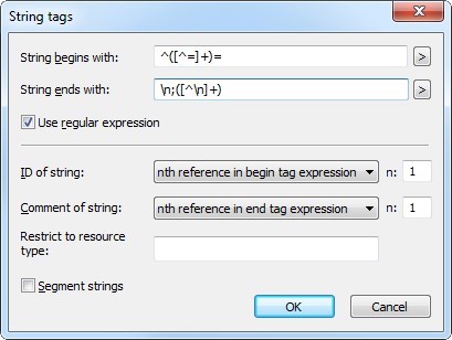 Trados Studio String tags dialog box showing fields for string begins with, ends with, ID of string, and comment of string with regular expression option checked.