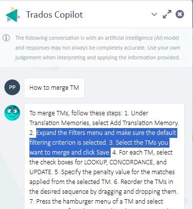 Screenshot of Trados Copilot with instructions on how to merge Translation Memories (TM) in a numbered list, highlighting step 2 to expand the Filters menu.
