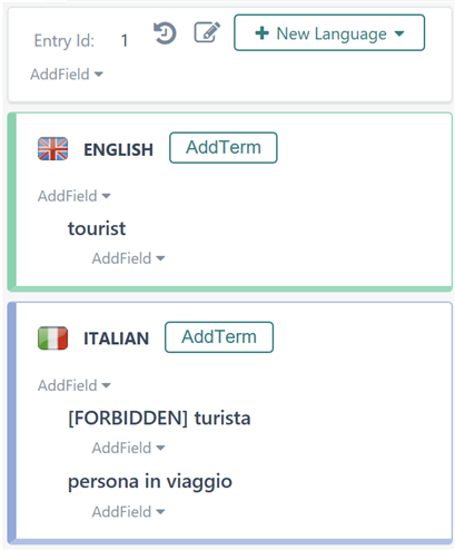 A screenshot of a termbase entry showing 'tourist' in English and two Italian terms: 'FORBIDDEN turista' and 'persona in viaggio'.