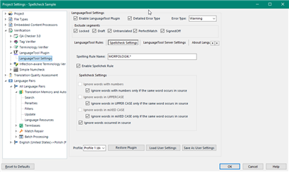 Trados Studio Project Settings window showing LanguageTool Plugin options with Spellcheck Settings for Rule 'MORFOLOGIK'.