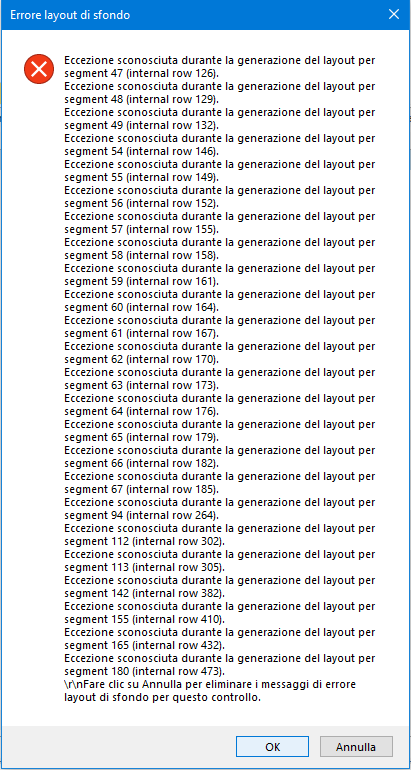 Error message in Trados Studio showing unknown exceptions during layout generation for multiple segments.