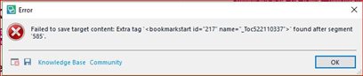 Error message in Trados Studio indicating failure to save target content due to extra tag 'bookmarkstart id=217' found after segment 585.