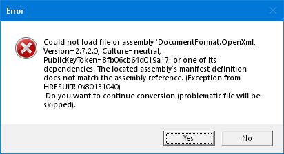 Error dialog box in Trados Studio stating 'Could not load file or assembly DocumentFormat.OpenXml, Version 2.7.2.0' with options to continue or cancel.