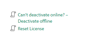 Options for 'Can't deactivate online? - Deactivate offline' and 'Reset License' in Trados license manager.