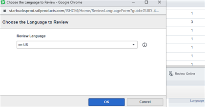 Screenshot of the 'Choose the Language to Review' dialog in Tridion Docs Review Online with a dropdown menu showing 'en-US' selected as the review language.