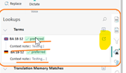 Close-up of Trados Online Editor showing the 'Lookups' section with terms listed and an arrow icon indicating expansion for more details.