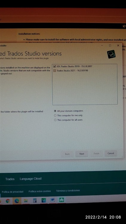 Screenshot of Trados Studio installation notice with two versions listed; SDL Trados Studio 2019 - 15.2.3.6070 and Trados Studio 2021 - 16.2.5.9198. The 2021 version is faded and unselectable.