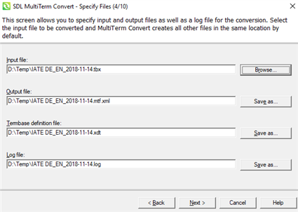 SDL MultiTerm Convert window with input, output, termbase definition, and log file paths filled out for conversion.