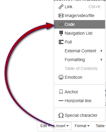 Screenshot showing the Insert menu in the RWS AppStore application with an arrow pointing to the Code option for adding code blocks.