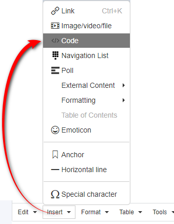 Screenshot showing Trados Studio's text editor with a dropdown menu open, highlighting the 'Code' option for inserting code snippets.