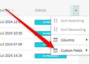 Screenshot showing a dropdown menu for column settings in Trados Enterprise with options for sorting and adding custom fields to the project overview.