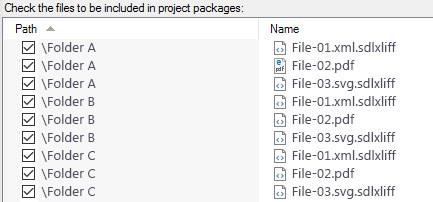 Screenshot displaying individual files within Folder A, Folder B, and Folder C, each with checkboxes to select for project packaging in Trados Studio.