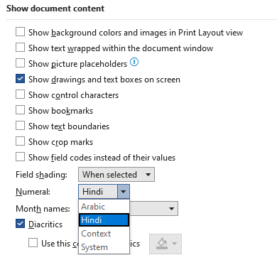 Screenshot of Microsoft Word options menu showing 'Show Document Content' with 'Numeral' field set to 'Hindi' and other options like 'Arabic' available in the dropdown.