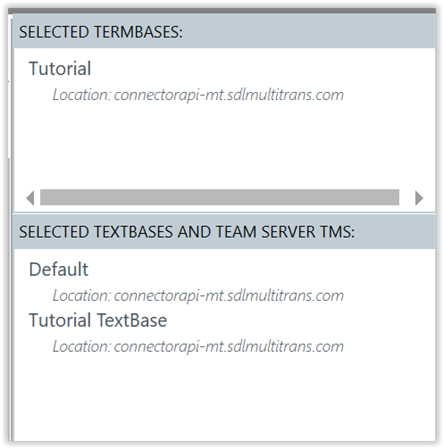 Screenshot displaying the selected resources in the Resource Manager of Trados Studio. 'Tutorial' TermBase and 'Default' and 'Tutorial TextBase' TMs are listed under selected resources.