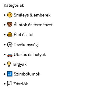 Close-up view of emoji categories with corresponding emojis displayed correctly next to the text.