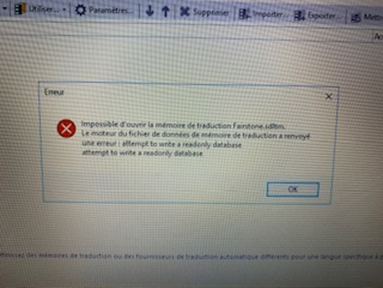 Error message popup saying 'Impossible d'ouvrir la memoire de traduction' with details about an attempt to write a readonly database.