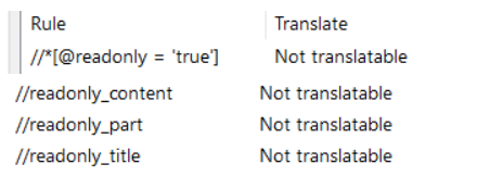 Screenshot of Trados Studio filter settings showing rules for XML elements with 'readonly' attribute set to 'true' marked as 'Not translatable'.