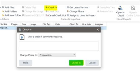 Check in dialog box in Trados Studio with a field to enter a check-in comment and a dropdown menu to change the phase to 'Preparation'.