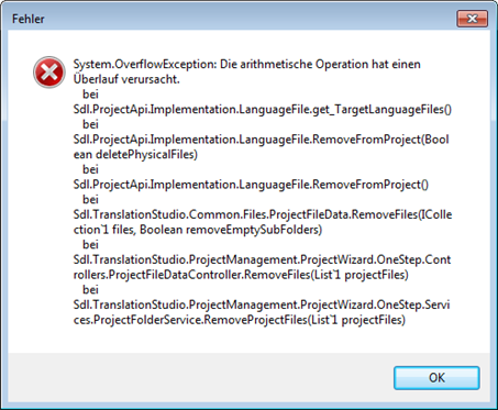 Error message in Trados Studio showing a System.OverflowException with a list of file paths related to LanguageFile and ProjectManagement.
