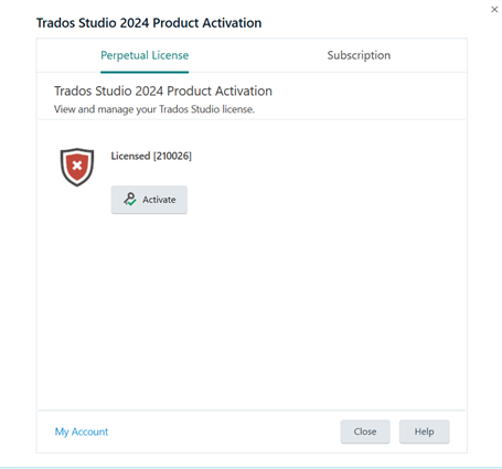 Trados Studio 2024 Product Activation window showing an error with a red cross icon, labeled 'Licensed 210026' and an 'Activate' button.