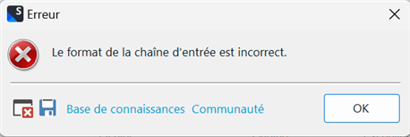 Error dialog box in Trados Studio 2022 displaying message 'Le format de la chaine d'entree est incorrect' with an OK button and links to Knowledge Base and Community.