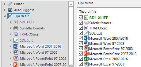Trados Studio settings showing file types with checkboxes, including Microsoft Word 2007-2016 but missing Word 2019.