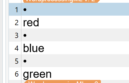 Trados Studio interface displaying segmented text with bullet points isolated on separate lines, showing 'red', 'blue', and 'green' each following a bullet point on different lines.