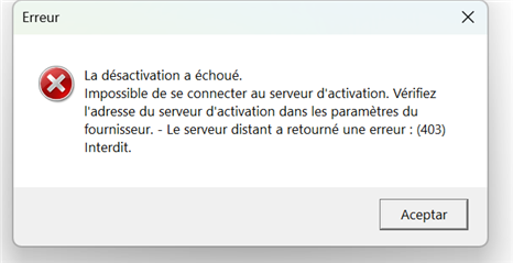 Error message in a software activation window stating 'Deactivation failed. Unable to connect to the activation server. Check the activation server address in the provider's settings. - The remote server returned an error: (403) Forbidden.' with an 'Accept' button.