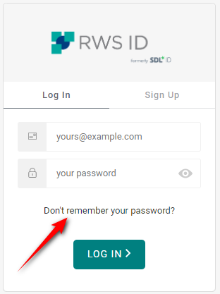 RWS ID login screen with fields for email and password. A red arrow points to 'Don't remember your password?' link.