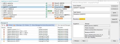 Trados Studio error report window displaying multiple errors related to 'spellcheck scaffold' and 'MORFOLOGIK' in source and target segments.