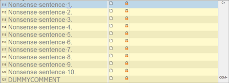 Screenshot of Trados Studio showing a list of segments with 'Nonsense-sentence' followed by numbers 1 to 10, each with a warning symbol, and a final segment labeled 'DUMMYCOMMENT' marked as a comment (COM+).