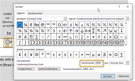 Symbol selection window in Trados Studio showing an incorrectly visualized symbol with its unicode, highlighted with a yellow border.
