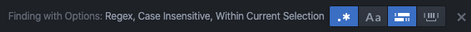 Screenshot showing the 'Finding with Options' toolbar in Trados Studio with options selected for 'Regex', 'Case Insensitive', and 'Within Current Selection'.