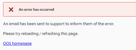 Error notification in Trados Studio with text 'An error has occurred. An email has been sent to support to inform them of the error. Please try reloading  refreshing this page. OOS homepage link.'