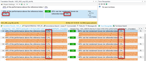 Screenshot of Trados Studio showing segments with '+' sign not correctly pretranslated, highlighted in blue and yellow.